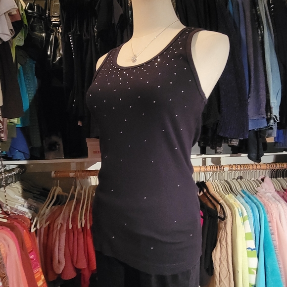 TIA TOO! ♡ Gorgeous Vintage Black Tank Top w/Sweet Bursts of Rhinestones L (S/M) - Picture 13 of 16